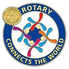 A blue circle with the words rotary connects the world in it.
