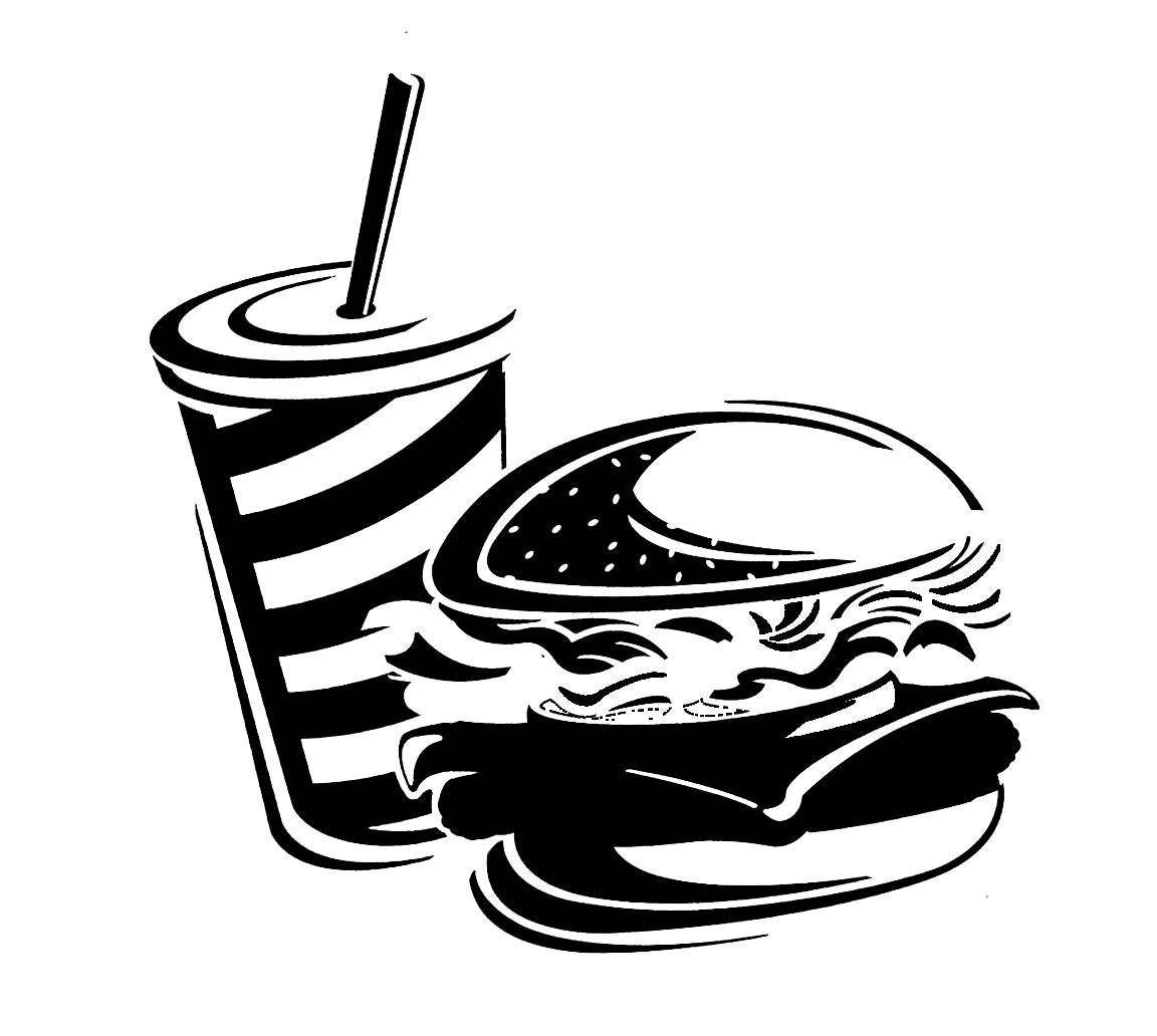 A black and white drawing of a hamburger, drink and bun.